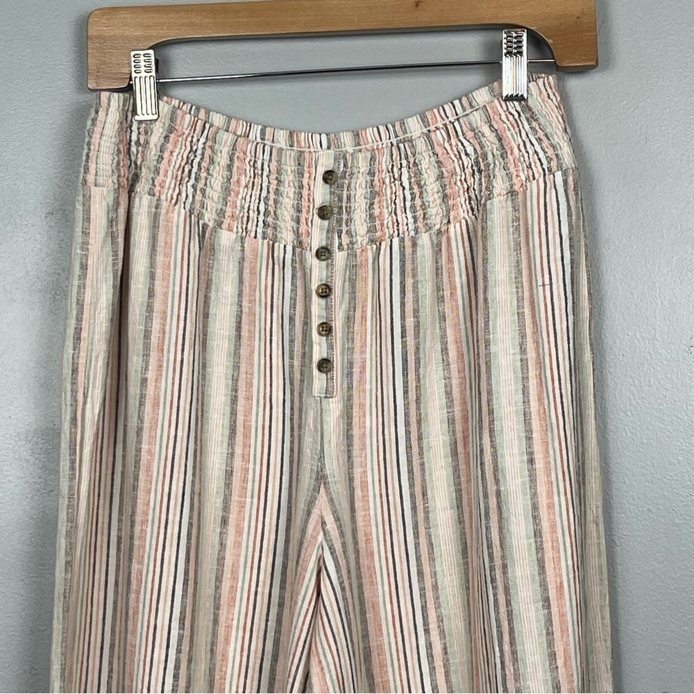 Cato linen blend ivory peach & green striped smocked waist wide leg pants, Med. - Picture 3 of 10